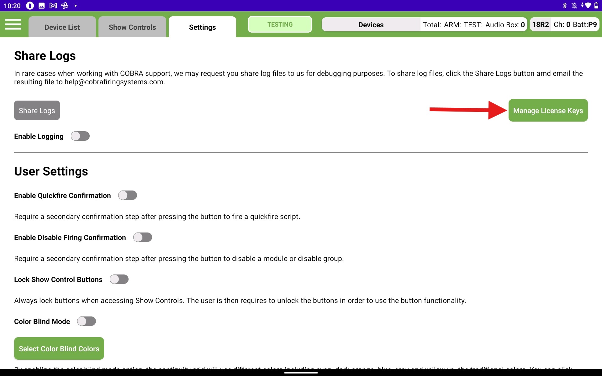 Gen 2 Control Panel Settings Screen Arrow Pointing to Manage License Keys.jpg